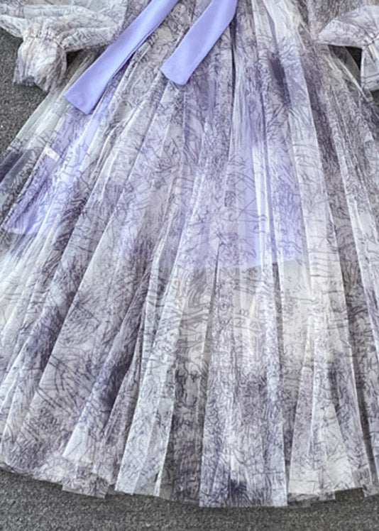 Purple O-neck Bow Tulle Long Dress Puff Sleeve Aj1038