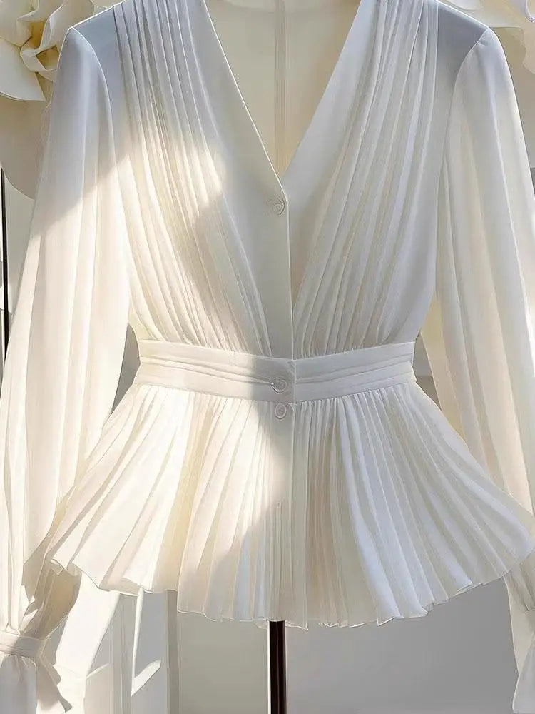 Youth Pleated White Long Sleeve Button Up Shirt V Neck Ruffle Tunic Basic Blouse Chiffon Lady Office