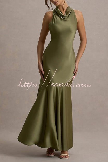 Timeless Sophistication Satin Cowl Detail Back Self-tie Halter Neck Maxi Dress
