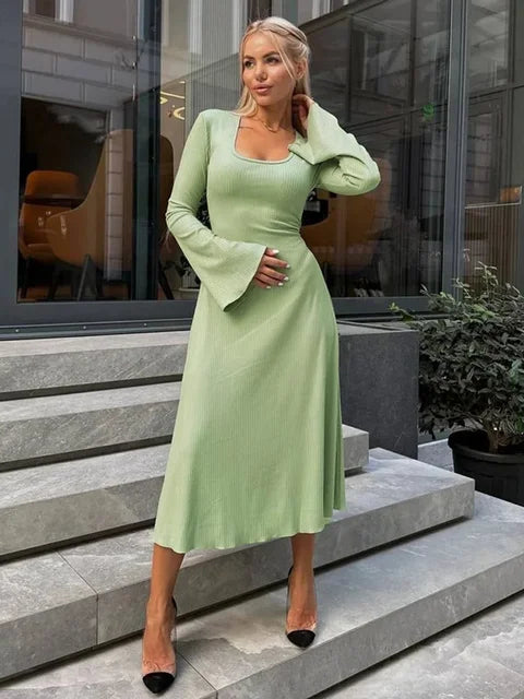 Scoop Neck Lace-up Ribbed Maxi Dress Female Long Sleeve Slim Loose Bandage Dress Autumn Dress New