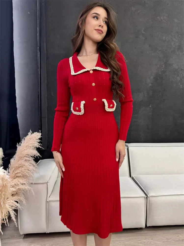 Female Long Dress Pocket Knitwear Ribbed Patchwork High Waist Commute Slim Party Dress Autumn Knit Dress