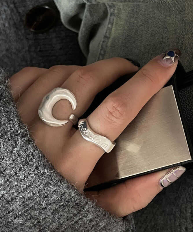 925 Silver Graphic Moon Rings Two Piece Set