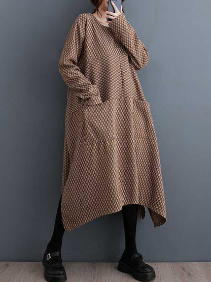 Long Sleeves Loose Pockets Printed Split-joint Split-side Round-neck Midi Dresses