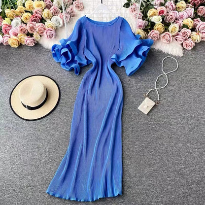 Round Neck Purple Ruffled Sleeve Maxi Dress