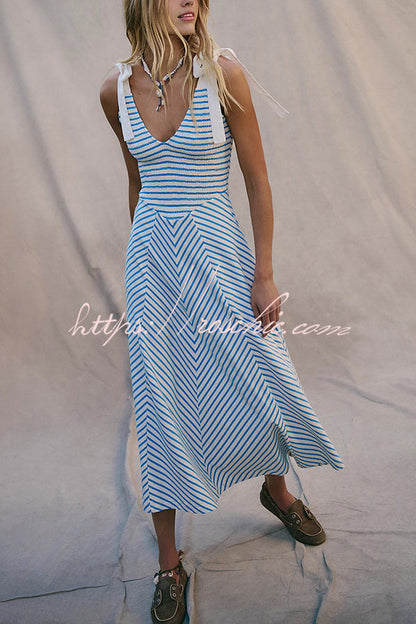 Striped Print V-neck Lace-up Backless Holiday Midi Dress