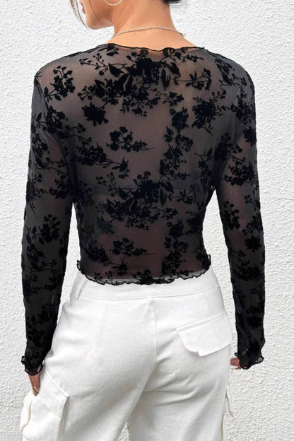 Black Mesh Crewneck Long-sleeve Blouse