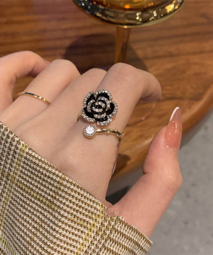 Black Copper Overgild Zircon Camellia Rings