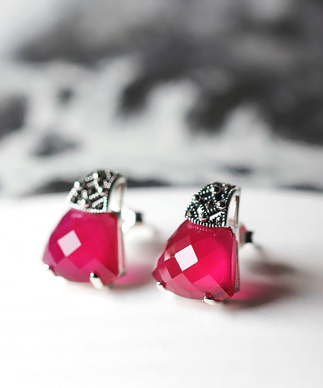 Red Sterling Silver Inlaid Gem Stone Stud Earrings