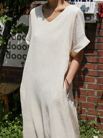A-line Loose Hollow Color Split-side Tied Waist V-neck Midi Dresses