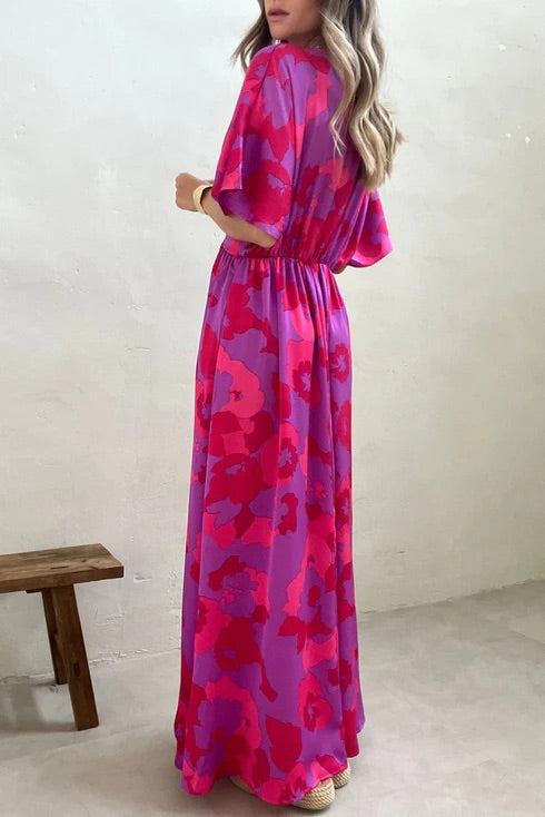 Rose Abstract Print V Neck Dolman Maxi Dress