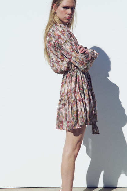 Puff Long Sleeve Buttoned Lace Up Ruffle Hem Mini Dress