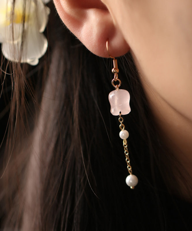 Pink Copper Overgild Crystal Pearl Lily of the Valley Tassel Drop Earrings