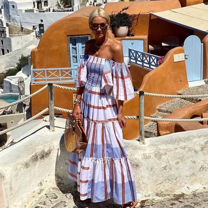 Lily - Bandeau Ruffle Striped Printed Maxi Dress