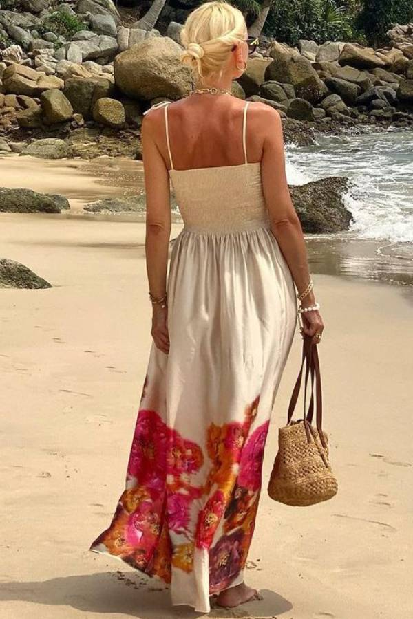 Hidden Garden Satin Print Smocked Tie-up Shoulder Maxi Dress