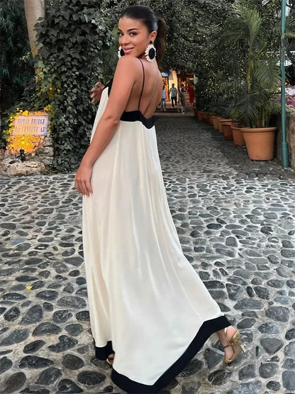 V Neck Backless Maxi Dresses for Color Block Slim Sundress Femme Street Party Temperament Dress Woman