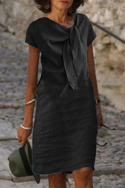 Linen Blend Short-sleeved Adjustable Tie-neck Mini Dress
