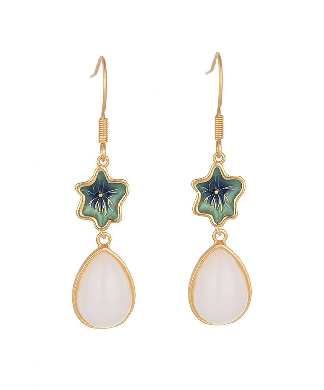 Green Overgild Inlaid Jade Tassel Water Drop Drop Earrings