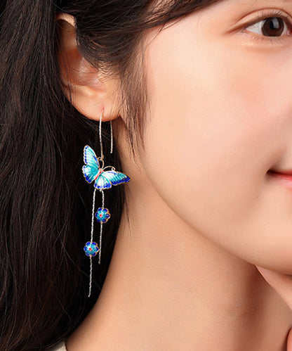 Blue Sterling Silver Cloisonne Butterfly Drop Earrings
