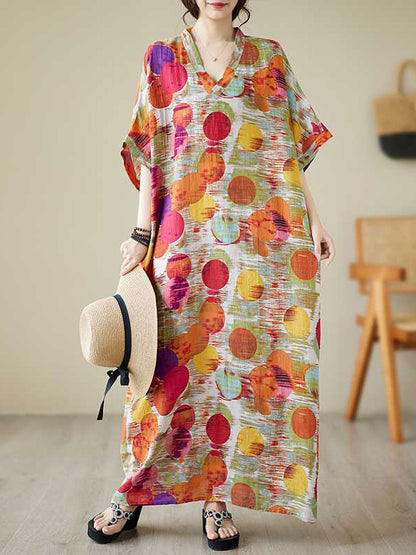 Batwing Sleeves Half Sleeves Contrast Color Polka-dot V-neck Maxi Dresses