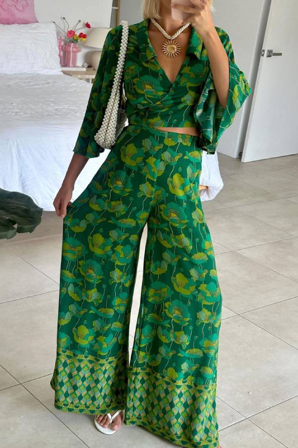V-neck Lace-up Top \u0026 Pants Two-piece Set