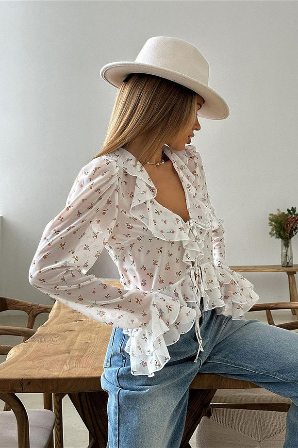 Print Slim Fit V-neck Ruffled Blouse