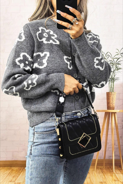 Jacquard Short Single-row Button Knit Cardigan