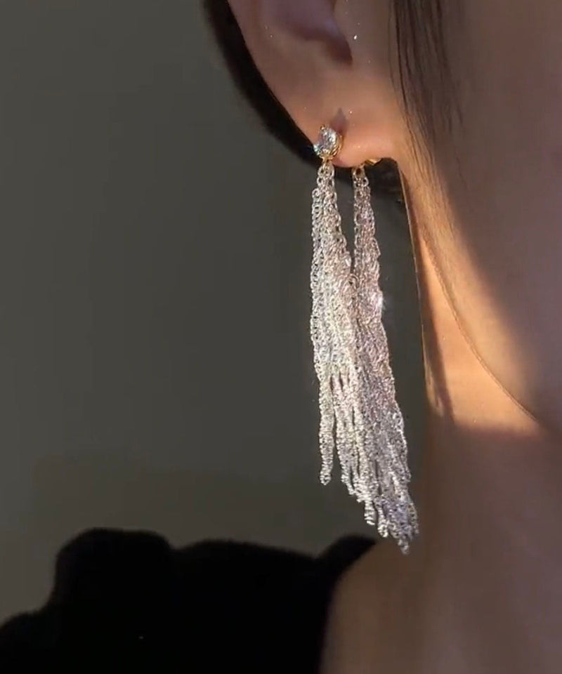 White Alloy Zircon Design Drop Earrings