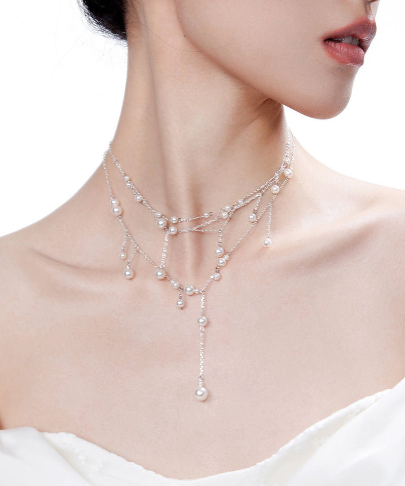 White Pyered Pearl Tassel Multi Layered Silver Necklace