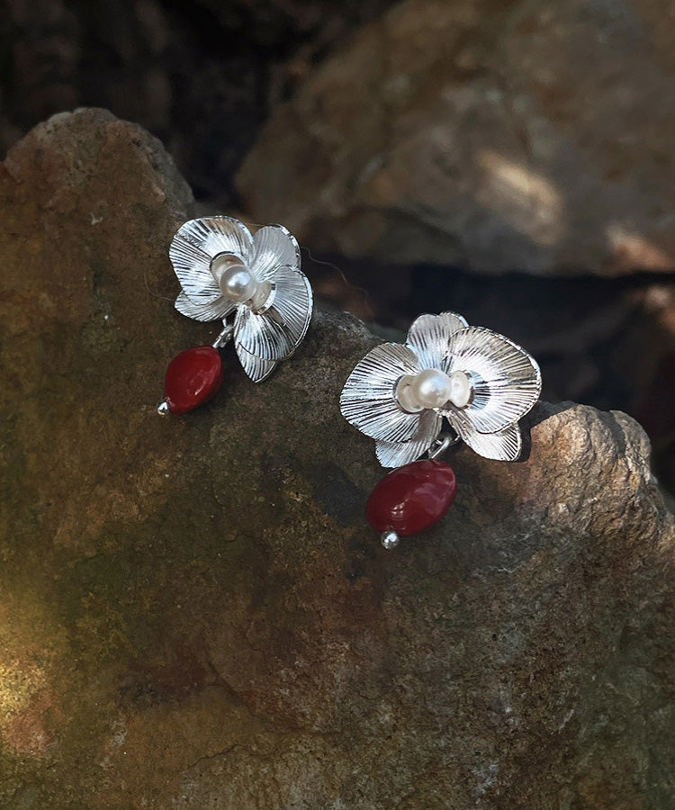 Fine Red Sterling Silver Pearl Red Beans Drop Earrings