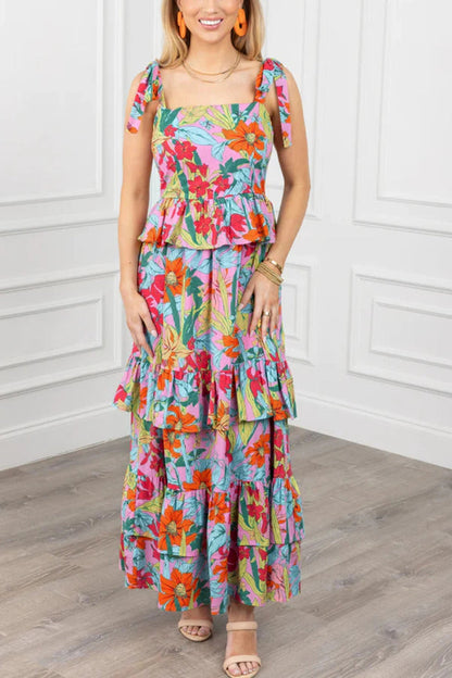Multicolour Print Knot Strap Ruffle Layered Maxi Dress