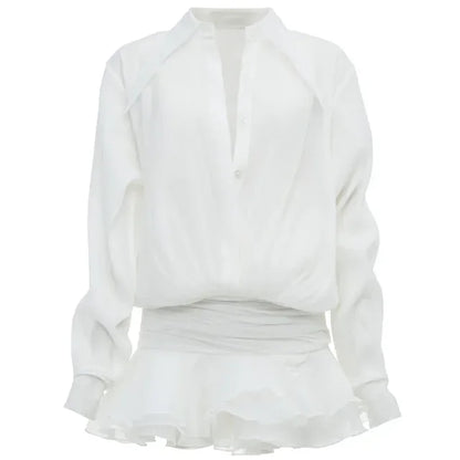 New White Chiffon Dress for Ruffled Pleated Mini Dress See-through Loose Oversized Shirt Dress Cover-up