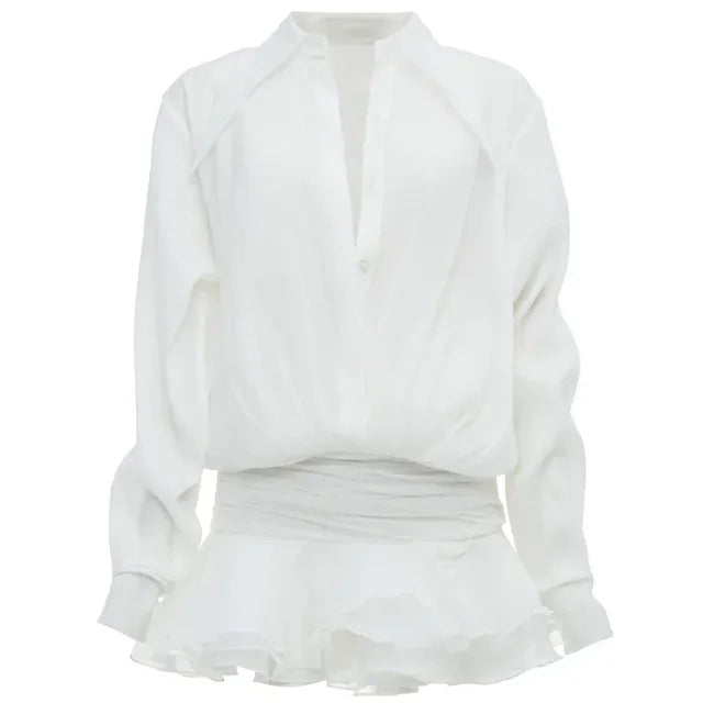 New White Chiffon Dress for Ruffled Pleated Mini Dress See-through Loose Oversized Shirt Dress Cover-up