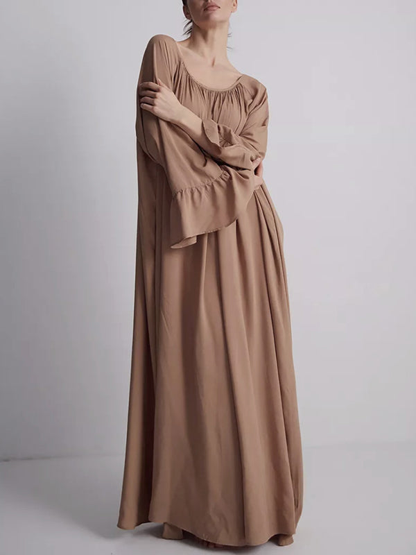 A-line Flared Sleeves Pleated Color Split-joint Round-neck Maxi Dresses