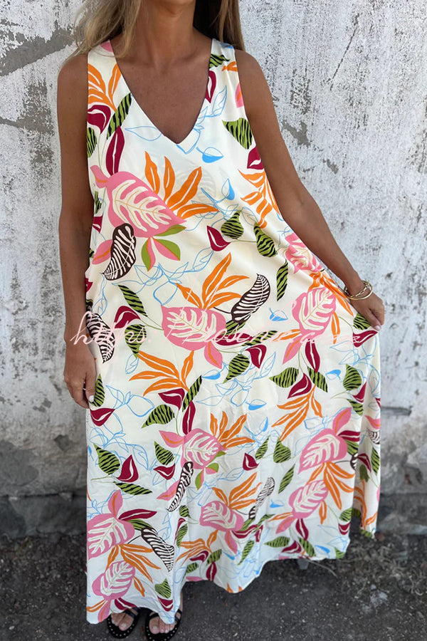 Botanical Print V-neck Pocket Loose Maxi Dress