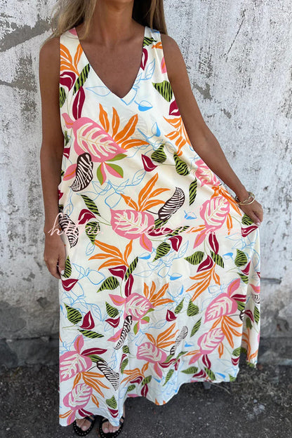 Botanical Print V-neck Pocket Loose Maxi Dress