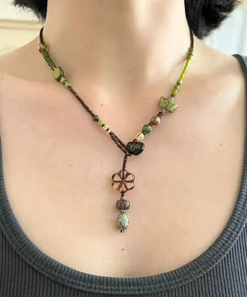 Green Hand Woven Beading Lariat Necklace