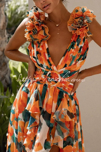 Lost in the Melody Chiffon Printed Flutter Sleeve Cutout Back Lace-up Maxi Dress