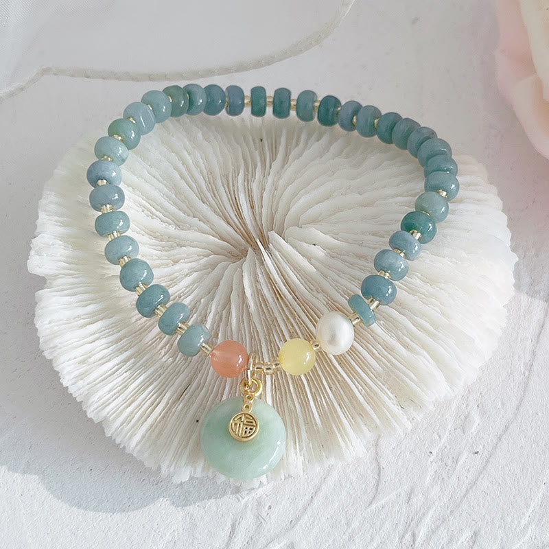 Buddha Stones Natural Hetian Jade Pearl Peace Buckle Fu Character Gourd Money Bag Strawberry Quartz Pixiu Luck Bracelet