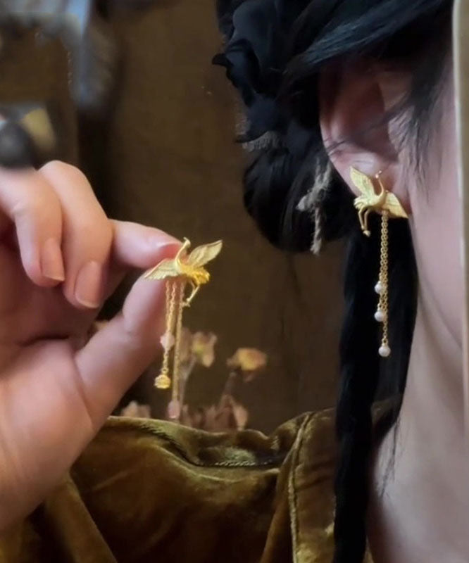 Gold Copper Alloy Crane Tassel Drop Earrings