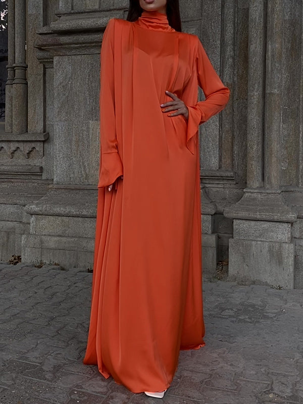 Flared Sleeves Long Sleeves Color High-neck Maxi Dresses