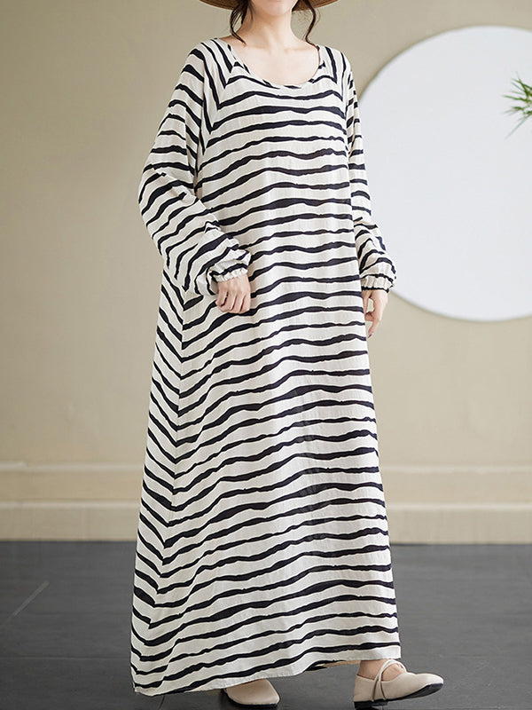 A-line Long Sleeves Contrast Color Elasticity Striped Round-neck Maxi Dresses