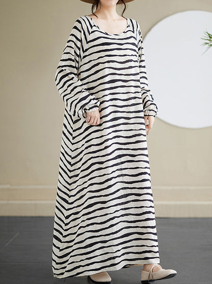 A-line Long Sleeves Contrast Color Elasticity Striped Round-neck Maxi Dresses