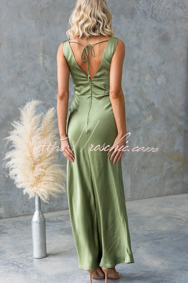 Muse Satin Color Cowl Neck Back Tie-up Maxi Dress