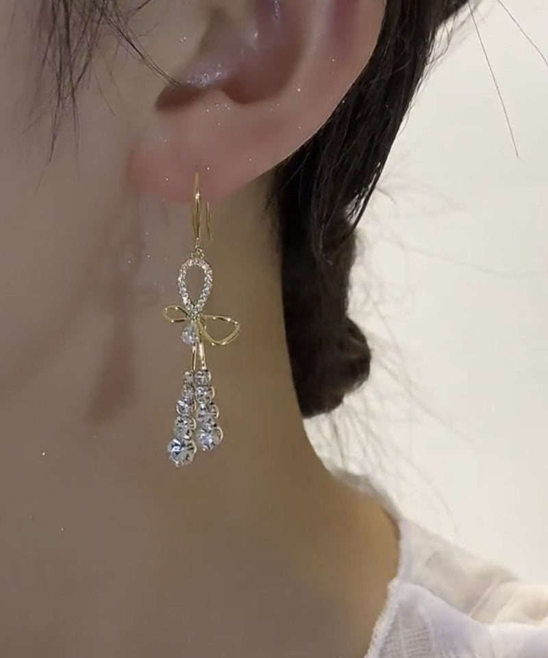 Gold Sterling Silver Overgild Zircon Bow Tassel Drop Earrings