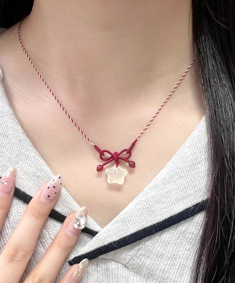 Diy Red Hand Woven Bow Star Pendant Necklace