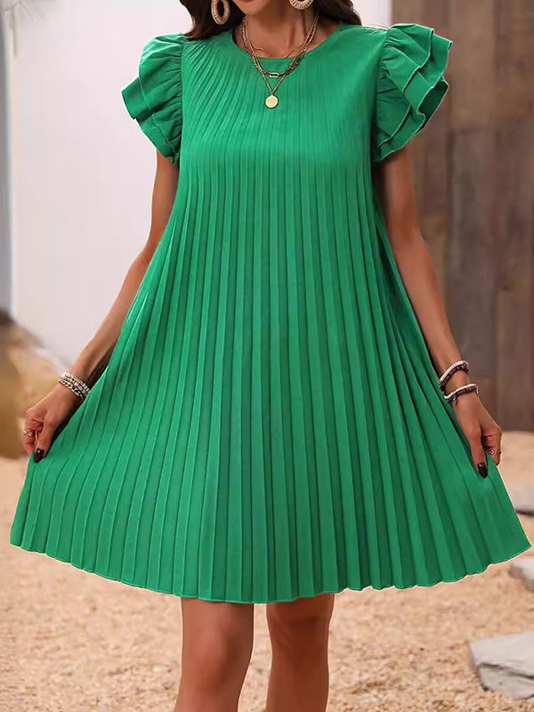 A-line Loose Hollow Pleated Color Split-joint Round-neck Mini Dresses