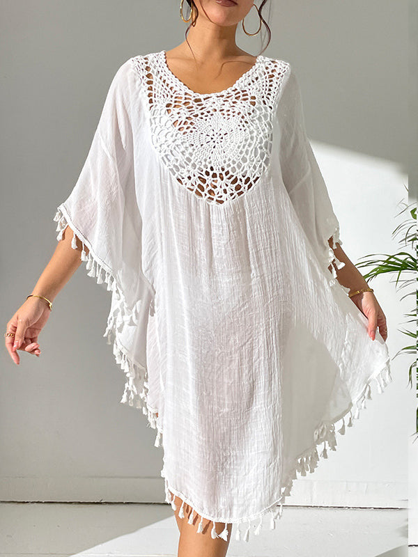 Batwing Sleeves Loose Hollow Color Sun Protection Tasseled Round-neck Cover-ups Tops Midi Dresses