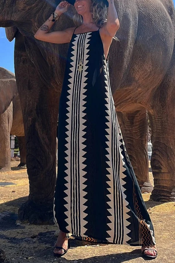 Take a Trip Print Backless A-line Maxi Dress
