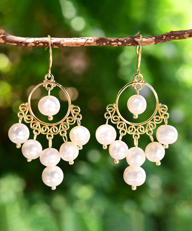 White 14k Gold Pearl Tassel Drop Earrings