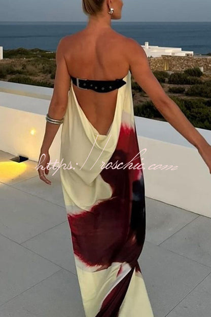 Print Strapless Backless Belt Maxi Dress